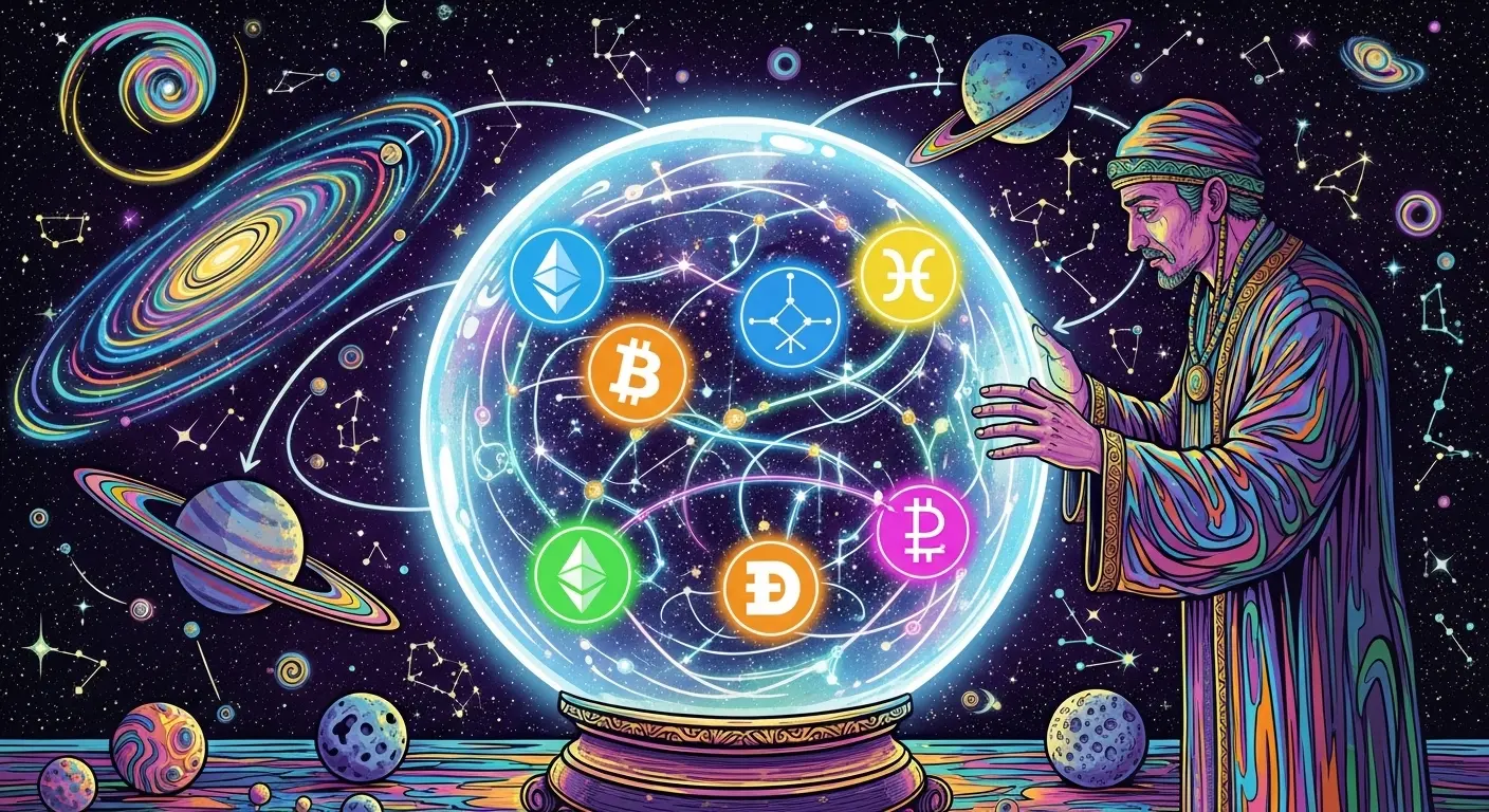 An astrologer's crystal ball showing glowing cryptocurrency symbols, illustrating a guide to cryptocurrency market movements based on celestial alignments.