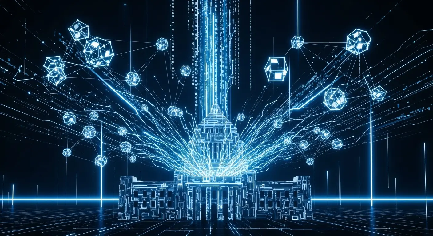 Abstract digital art showing blue and white network nodes and data streams converging on a silhouette of the Japanese Diet building, symbolizing technology and governance.