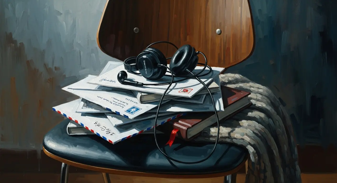 A high-contrast, moody photo of a 'doom pile' on a modern wooden chair, featuring unopened mail, tangled headphones, a book, and a sweater under focused lighting with a blurred background.