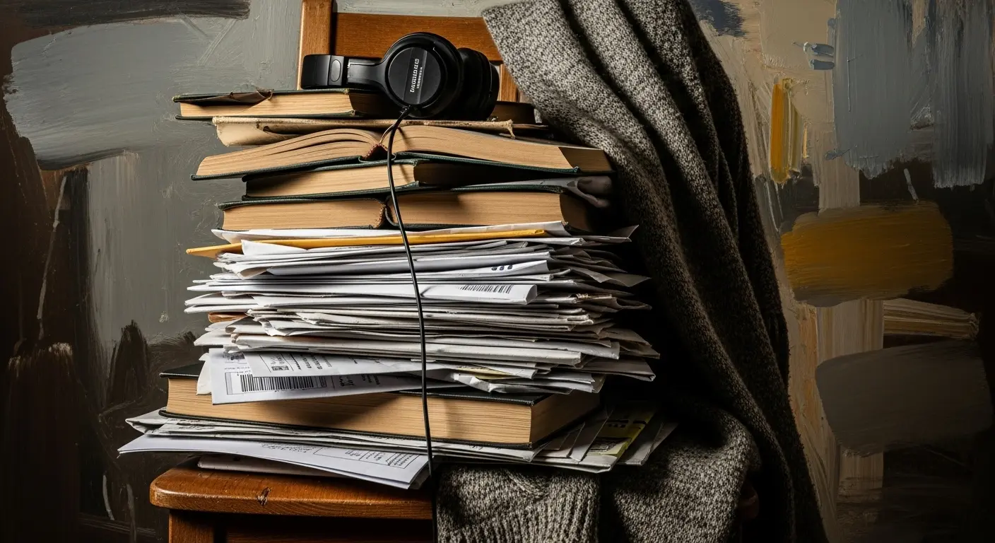 An artistic photograph of a 'doom pile' on a chair, featuring a mix of books, mail, a sweater, and headphones, representing decision fatigue and clutter.