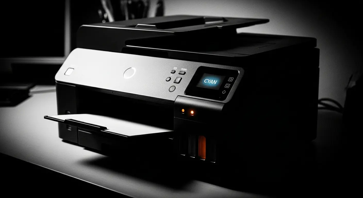 A modern home office printer shot in a dramatic, high-contrast black and white film noir style, with a single orange warning light for the cyan ink cartridge glowing ominously.