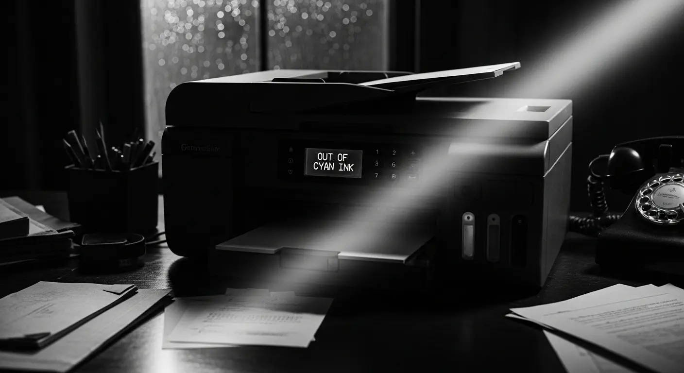 A vintage-style black and white photo of a desktop printer on a desk, cast in dramatic film noir shadows, illustrating a blog post about why a printer is out of cyan ink.