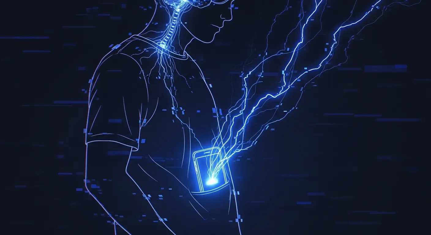 A minimalist, eerie illustration of a glowing smartphone in a pocket, with electric blue lines like neural pathways connecting the device to the person's brain.