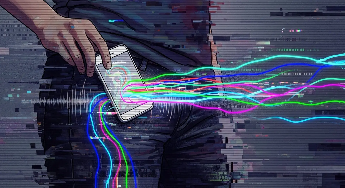 An abstract illustration of a person feeling a phantom vibration from a smartphone in their pocket, with glowing lines representing neural pathways.