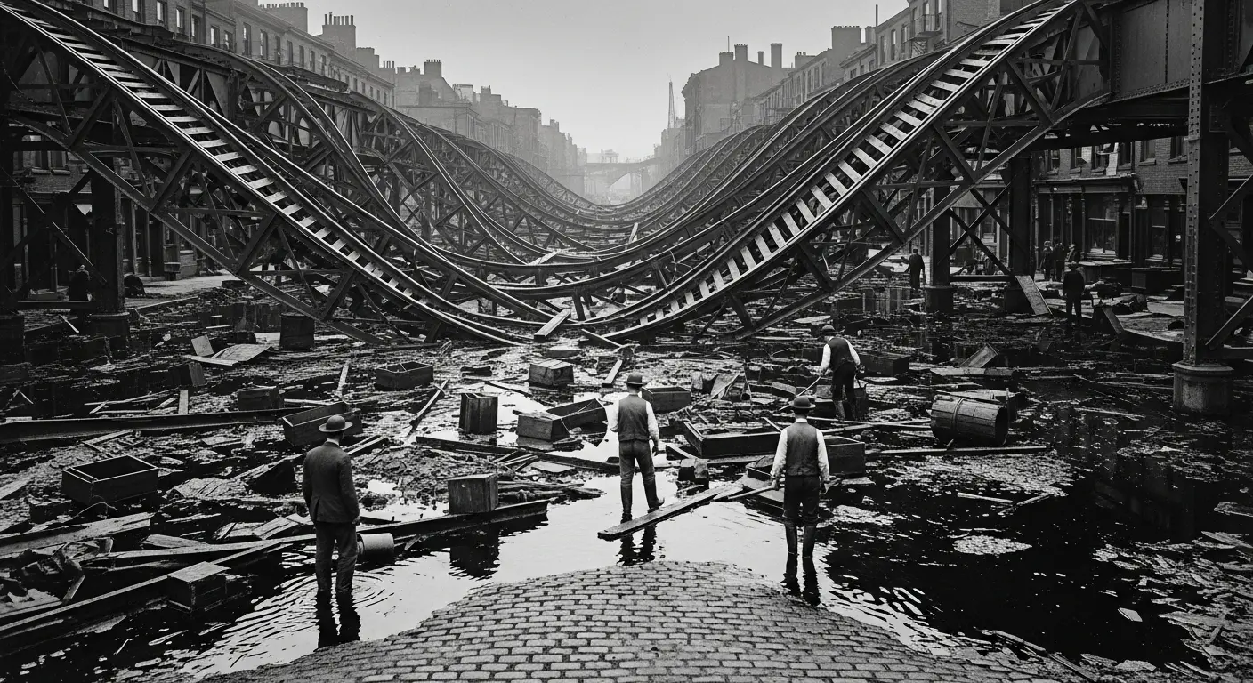 A dramatic, wide-angle historical photograph of the Great Molasses Flood's aftermath, showing the twisted metal of a collapsed elevated railway over debris-strewn, molasses-coated streets as rescue workers navigate the chaos.