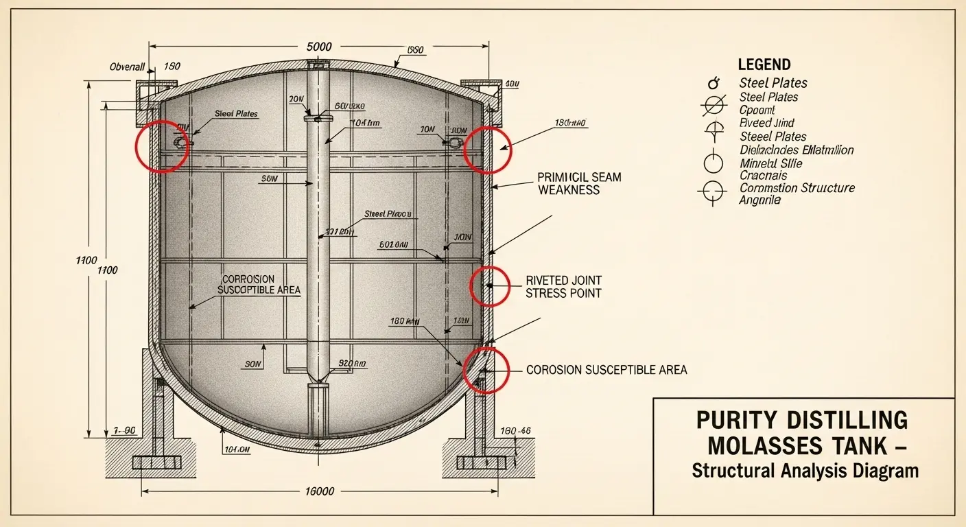 Engineering diagram of the Purity Distilling molasses tank, with callouts detailing its dimensions and highlighting structural weaknesses in the seams and rivets leading to the Great Boston Molasses Flood.