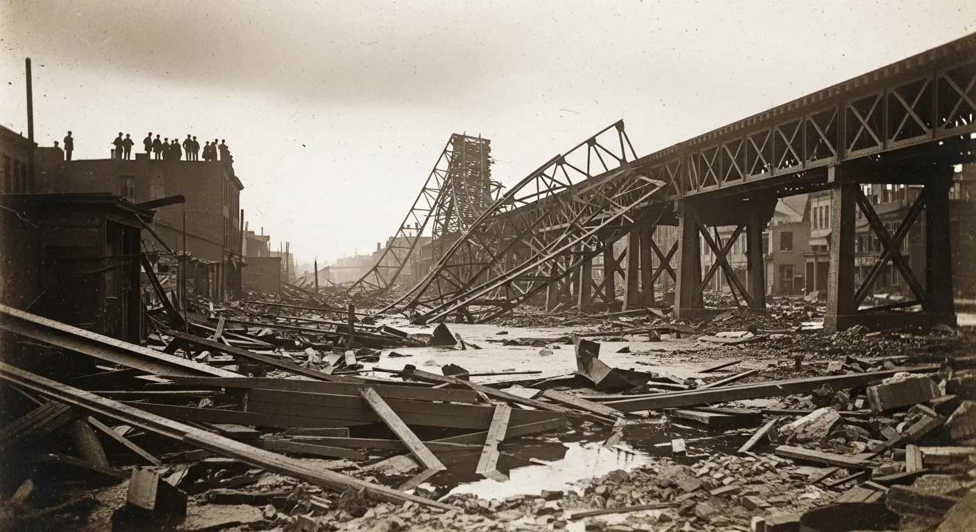 A historical black and white photograph showing the immense destruction caused by the Great Molasses Flood of 1919 in Boston's North End, with rubble and a collapsed elevated train track.