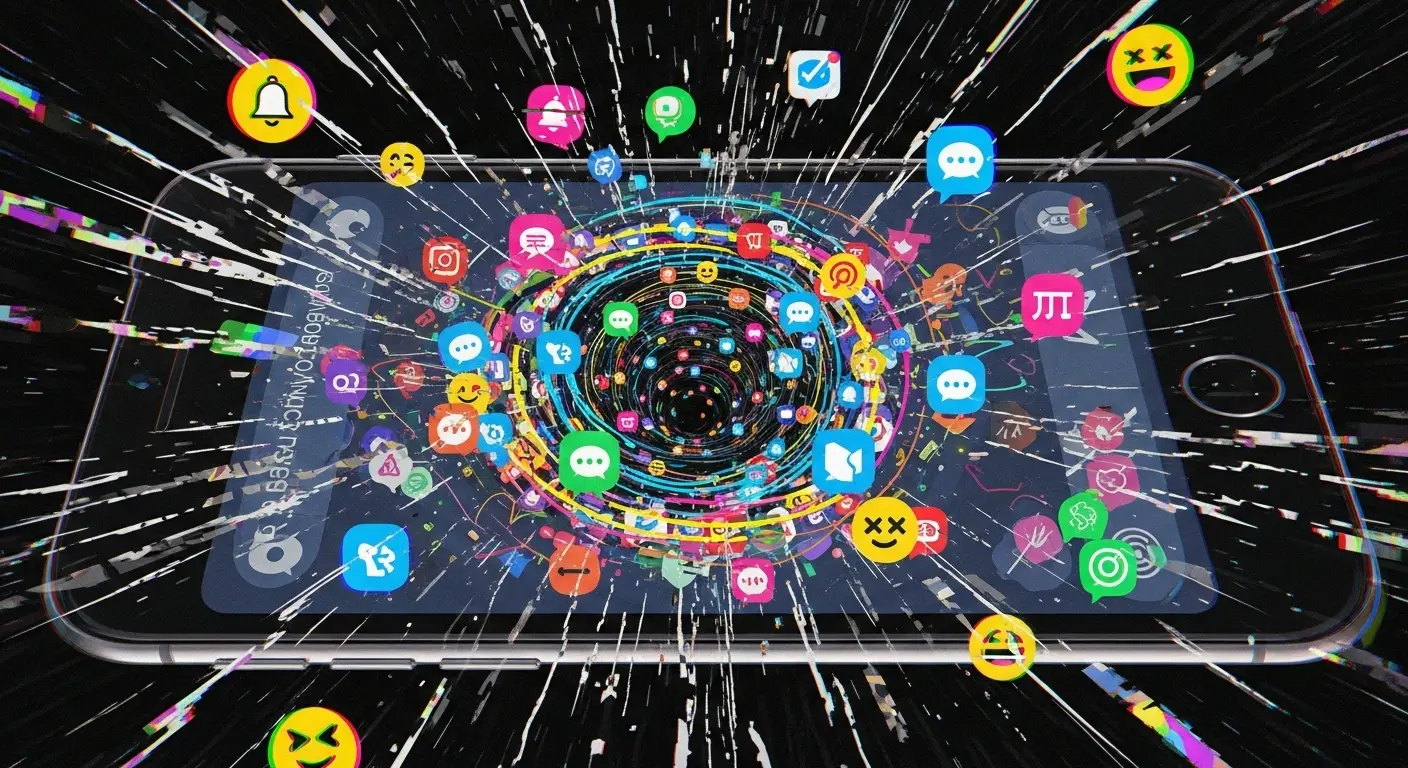 A smartphone screen is overwhelmed by a vortex of notification icons and emojis, illustrating the chaos of poor group chat etiquette.