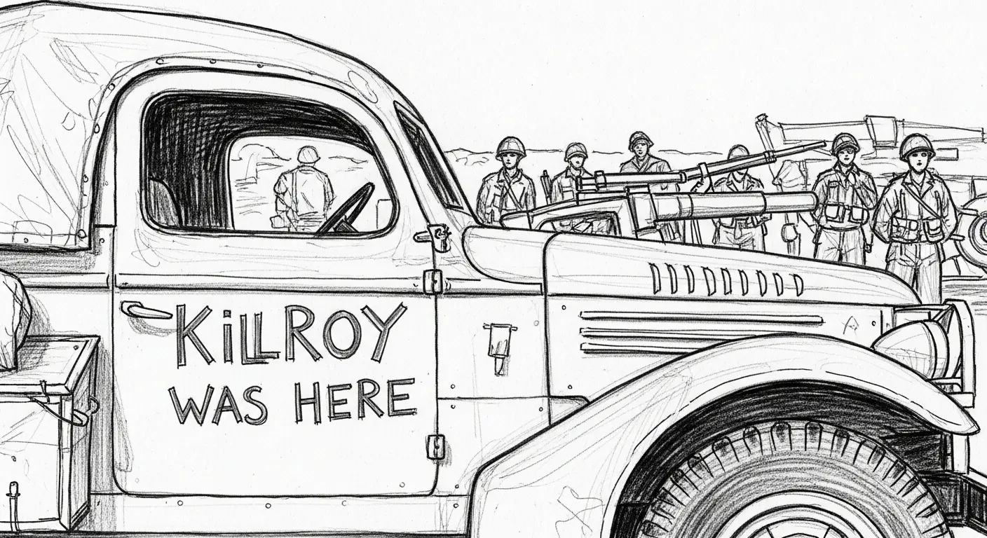 A classic black and white World War II photograph from the 1940s showing the iconic 'Kilroy Was Here' graffiti on a military vehicle, with soldiers in the background.