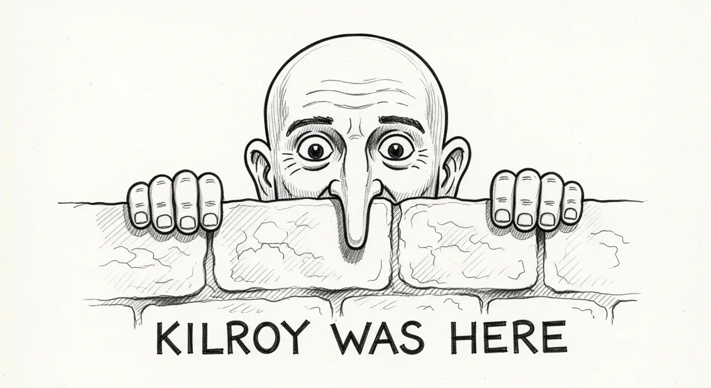 A classic black and white drawing of the Kilroy Was Here graffiti, showing the bald-headed man with a long nose peeking over a wall.