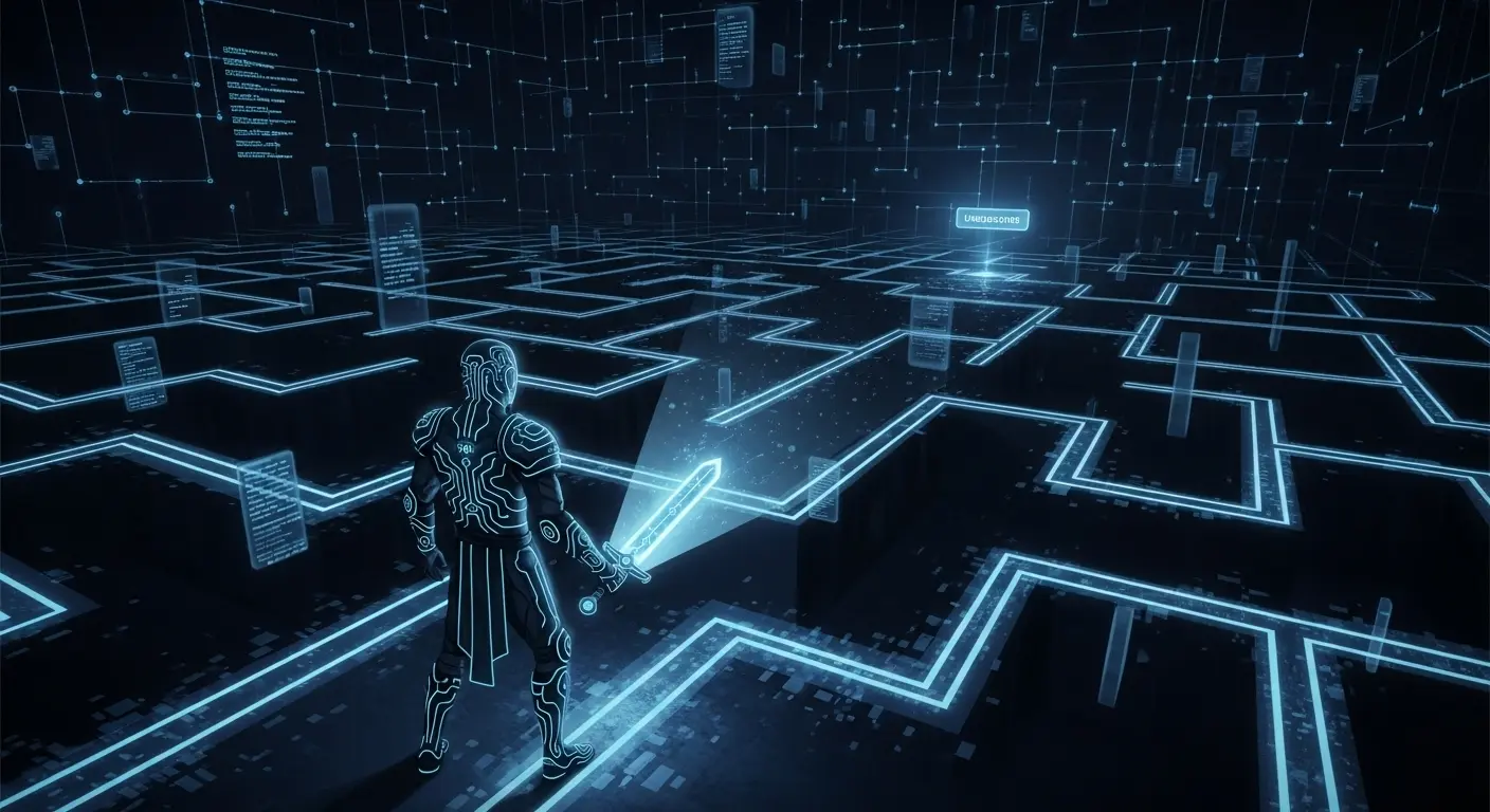 A fantasy-style illustration of a hero navigating a dark digital labyrinth, searching for the elusive unsubscribe button to learn how to unsubscribe from emails.