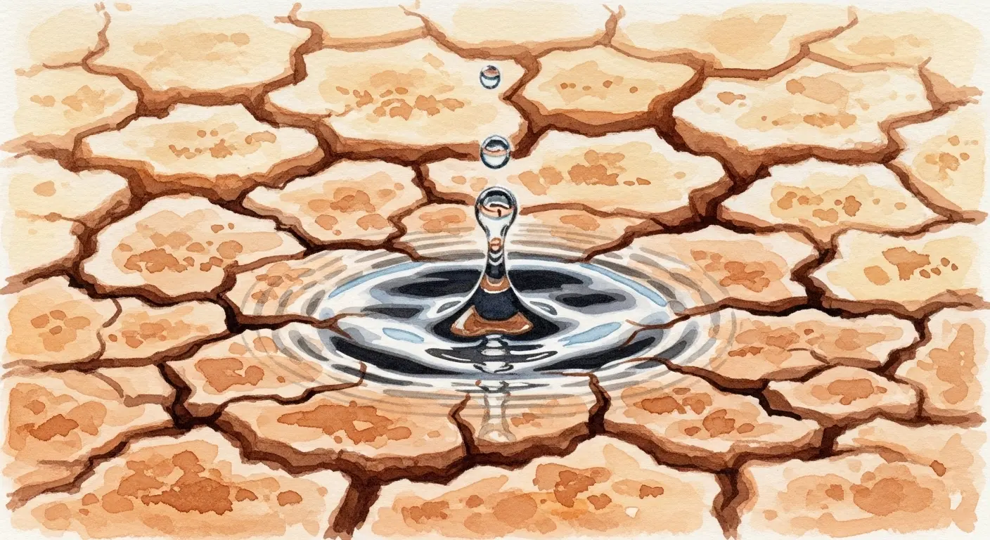 A close-up macro shot of a raindrop splashing onto dry, cracked earth, illustrating the concept of what is petrichor.