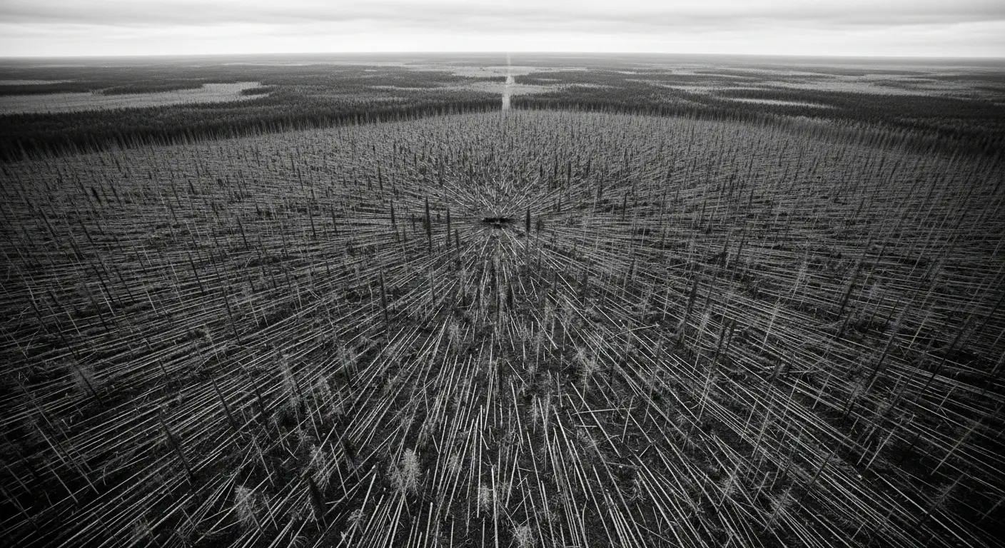 An aerial black and white photograph showing the vast forest devastation caused by the 1908 Tunguska event in Siberia, with trees felled in a radial pattern.