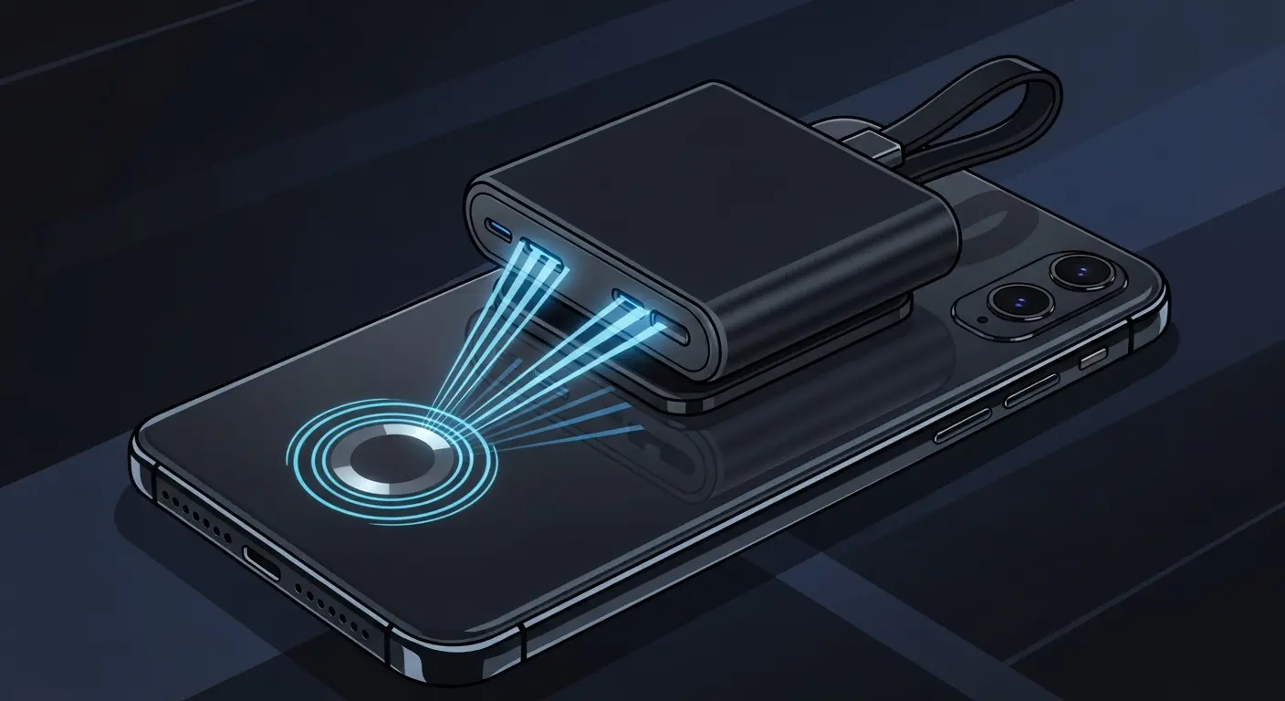 A sleek black magnetic power bank wirelessly charging a smartphone, with glowing blue lines visualizing the energy transfer against a minimalist dark background.