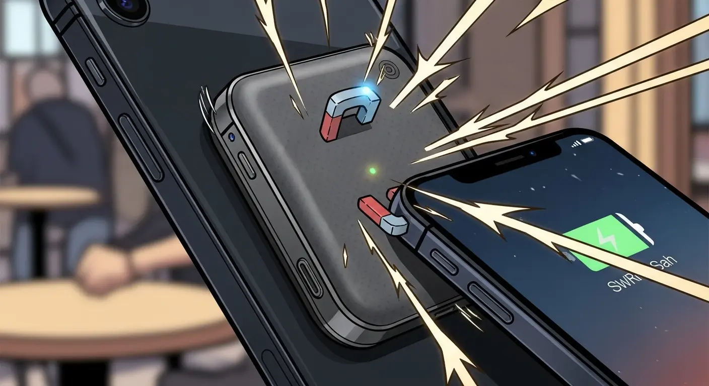 A close-up of a modern magnetic power bank attached to the back of a smartphone, demonstrating its wireless charging capability.