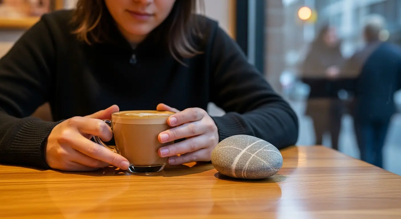 A person sitting at a coffee shop table with a small, smooth rock placed carefully next to their latte, representing an inanimate emotional support animal.