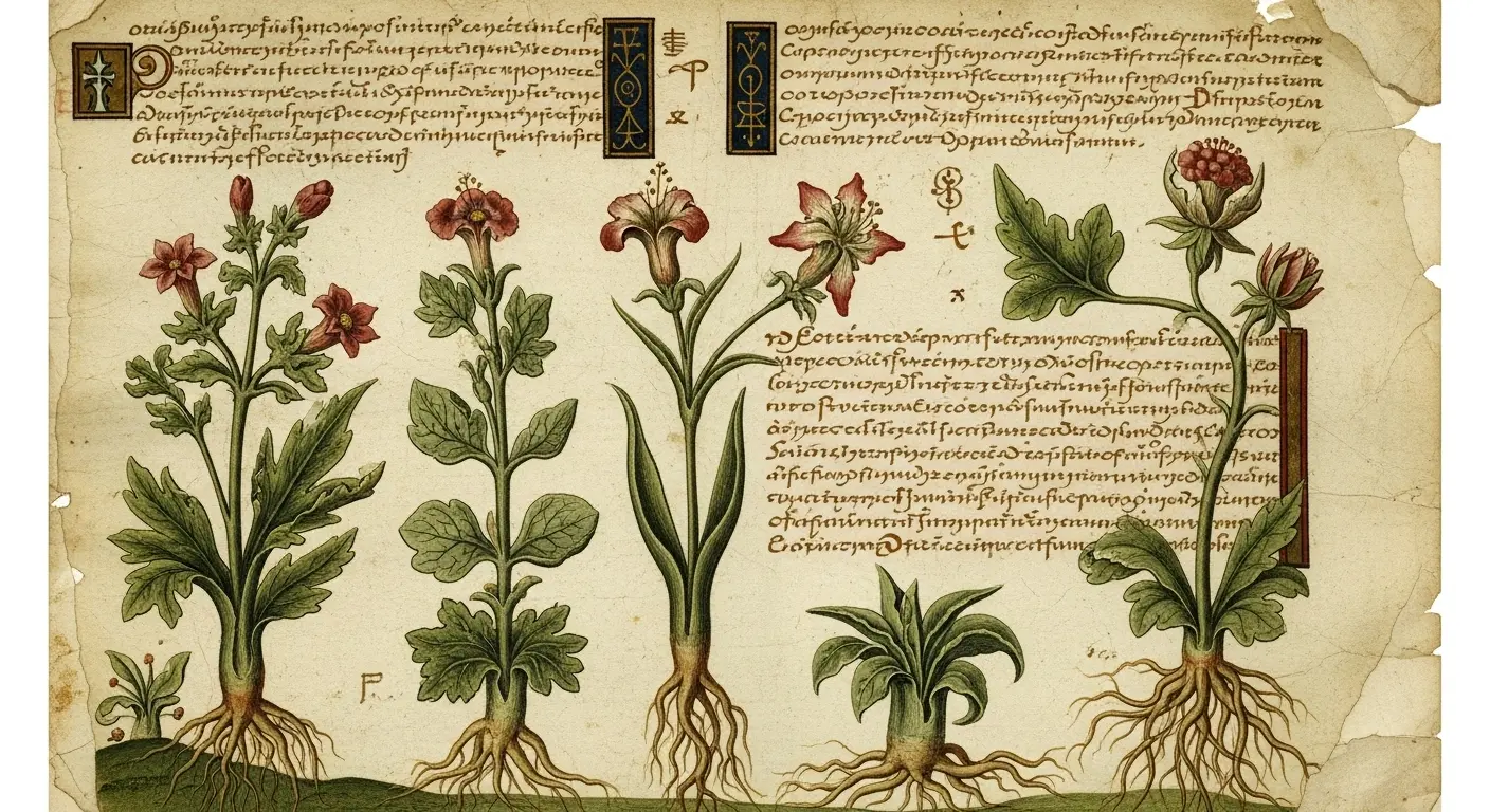 A detailed page from the Voynich Manuscript showing strange, unidentifiable plants and an undecipherable script.