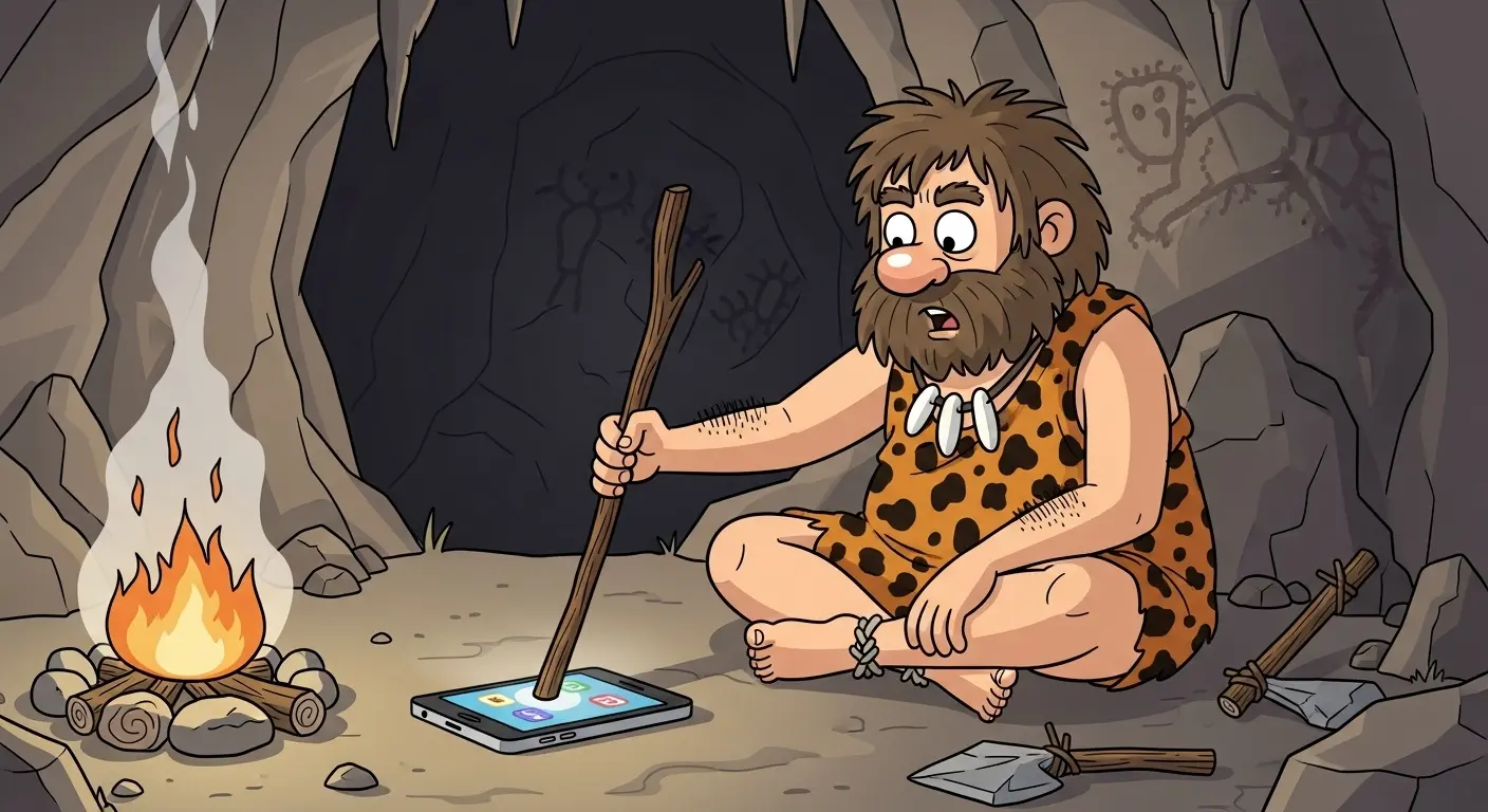 A humorous cartoon illustration of a prehistoric caveman in a loincloth cautiously poking a modern smartphone with a stick by his campfire.