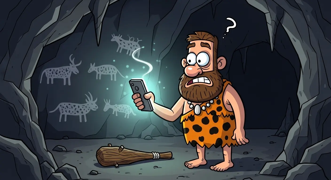 A cartoon caveman looking confused as he holds a glowing smartphone in his dark cave, for a funny smartphone review blog post.