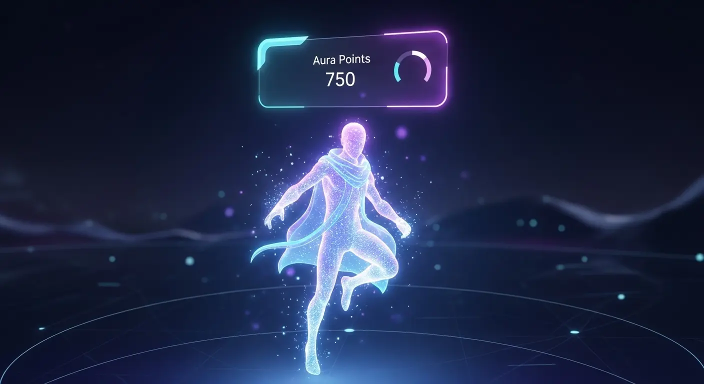 A hyper-realistic digital portrait of a glowing, ethereal video game character, with a futuristic HUD floating above their head displaying 'Aura Points'.