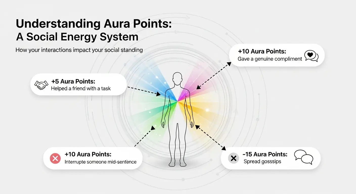 A diagram explaining the concept of Aura Points, with a person emitting a colorful glow and text bubbles showing point gains and losses for social interactions.