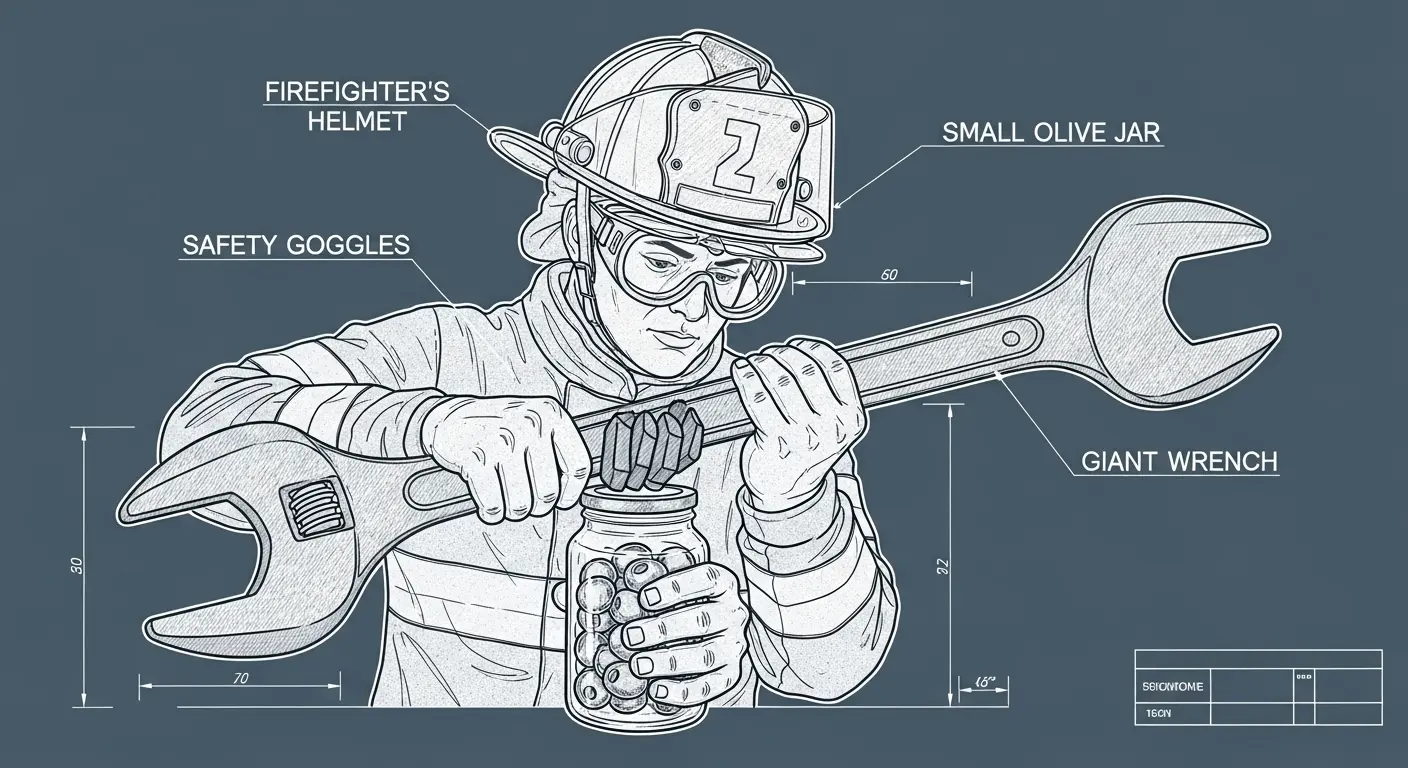 A person in a firefighter's helmet and safety goggles comically struggles to open a small jar of olives using a giant wrench.