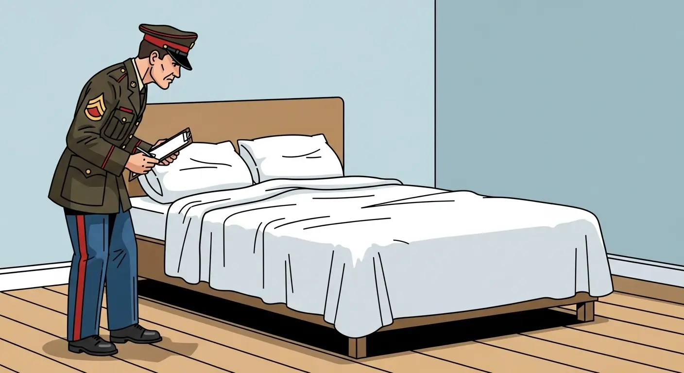 An immaculately made bed with perfect hospital corners, showcasing how to make a bed to a drill sergeant's standards.