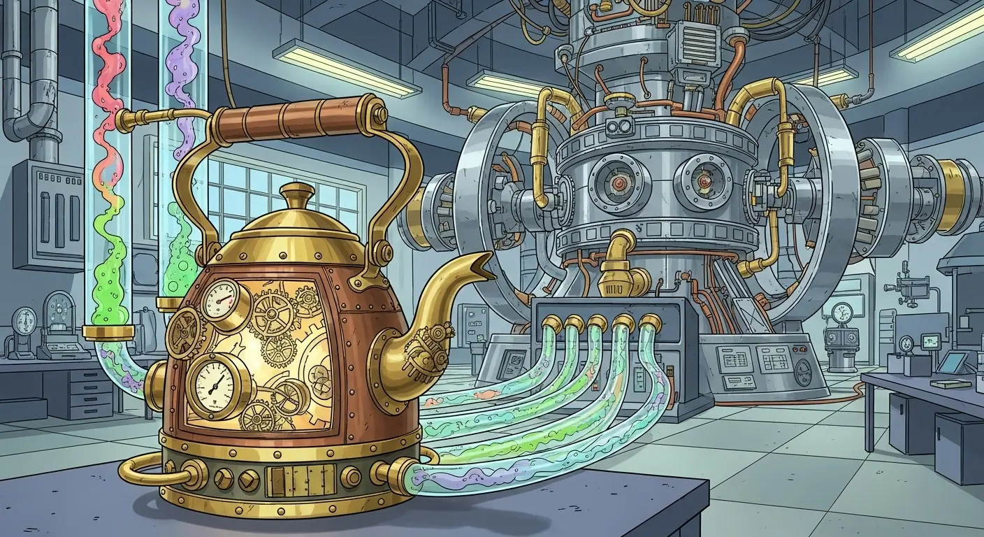 A hyper-realistic, steampunk-style tea kettle connected by glowing tubes to a massive, intricate particle accelerator in a sterile laboratory.
