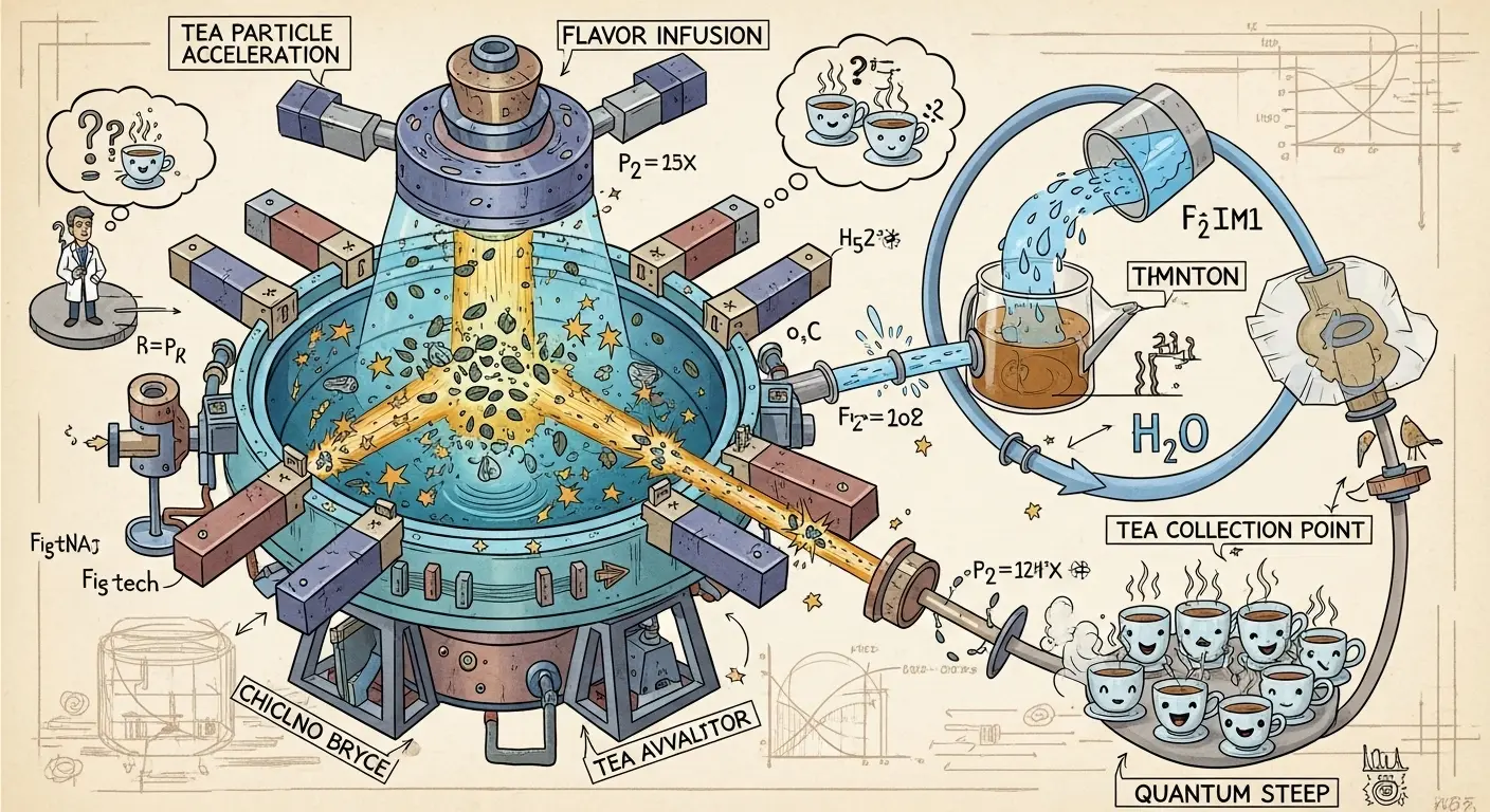 A complex diagram showing the process of making tea using a particle accelerator, blending scientific schematics with whimsical illustrations of teacups and existential symbols.