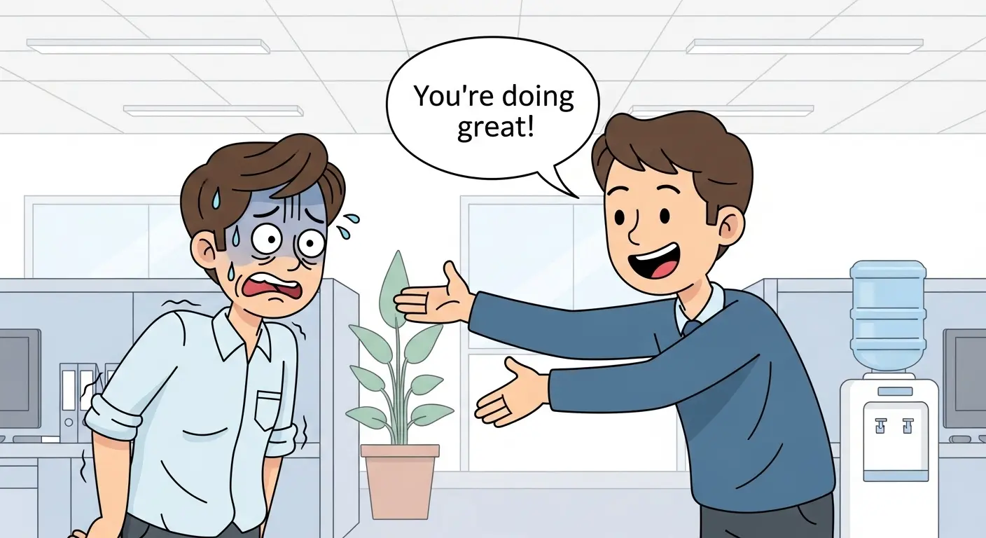 A person looking extremely uncomfortable and confused while another person tries to give them a friendly compliment in an office setting.
