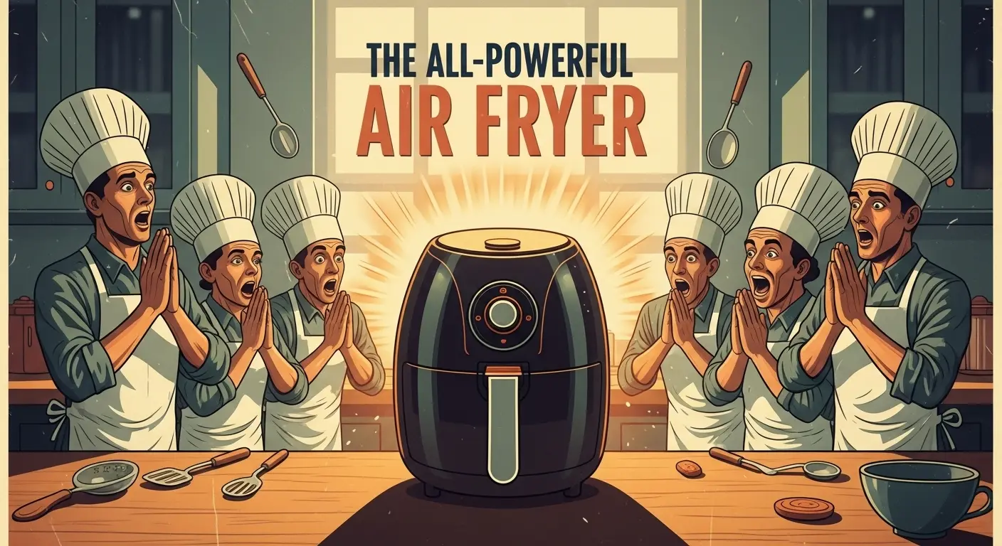 An air fryer glowing ominously on a kitchen counter, surrounded by devoted followers in chef hats, all looking towards it with reverence.