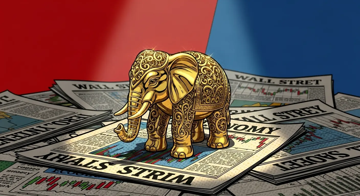 An ornate, solid gold elephant statue glows under a spotlight while sitting on a pile of financial newspapers, symbolizing wealth and investment.