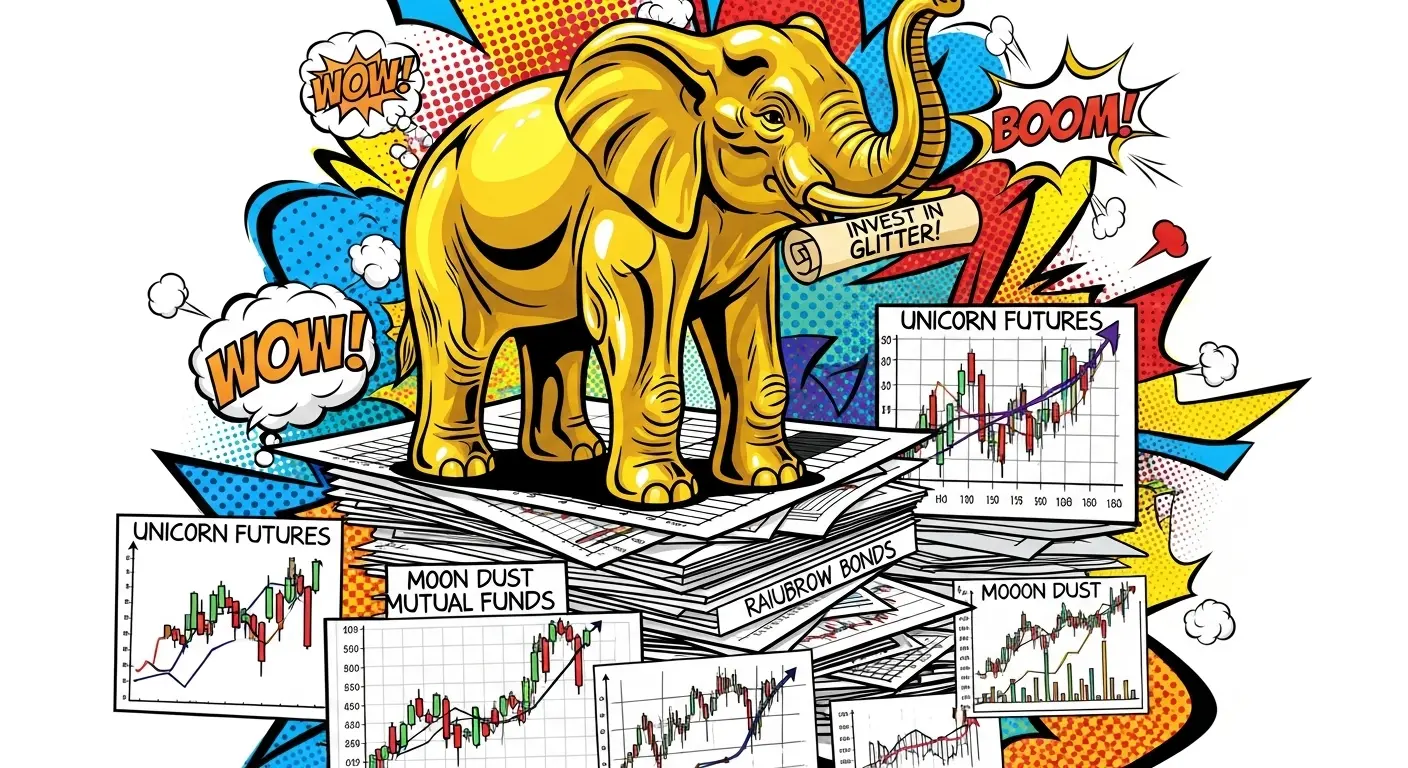 A shiny, solid gold elephant statue, representing absurd Diwali financial advice, sits atop a stack of investment charts.